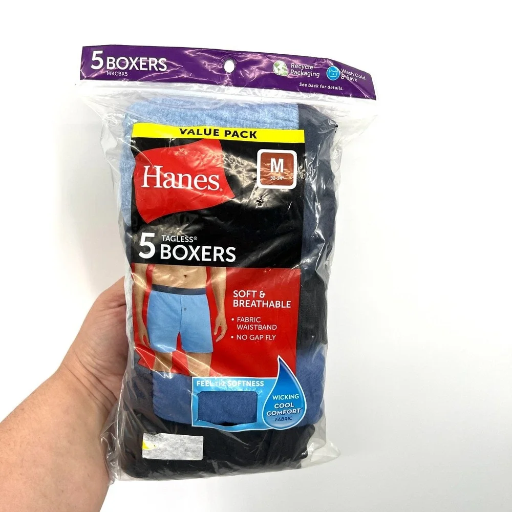Hanes Tagless Boxers soft breathable wicking cool comfort M 5 value pack